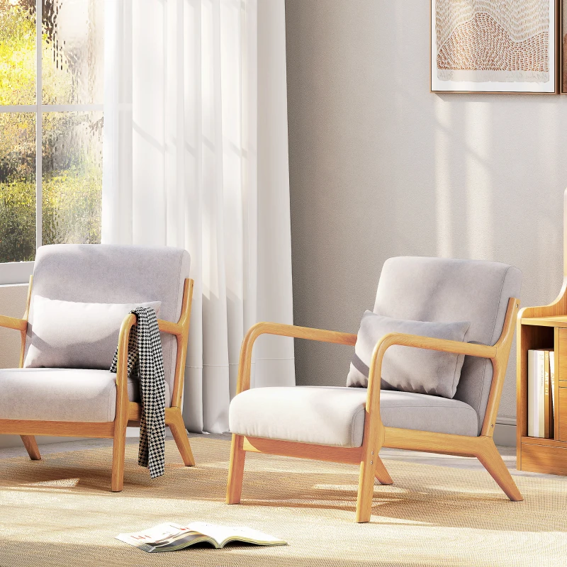 HOMCOM Fabric Lounge Chair, Velvet Armchair, Retro Accent Chair with Wood Legs and Thick Padding for Bedroom, Grey