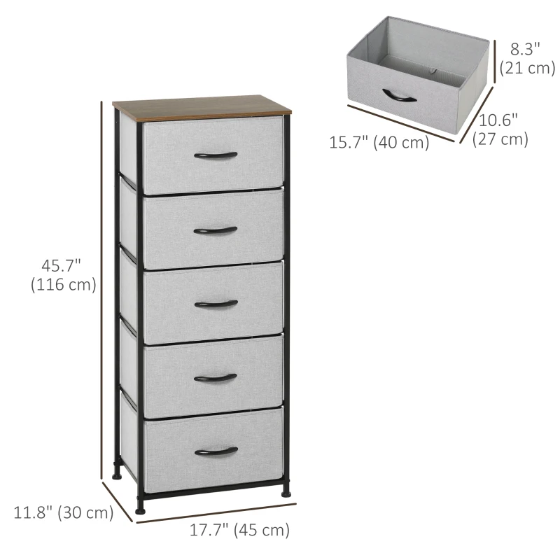 HOMCOM 5 Drawer Dresser for Bedroom, Tall Fabric Chest of Drawers with Steel Frame, Wood Grain Top and Handles, Grey