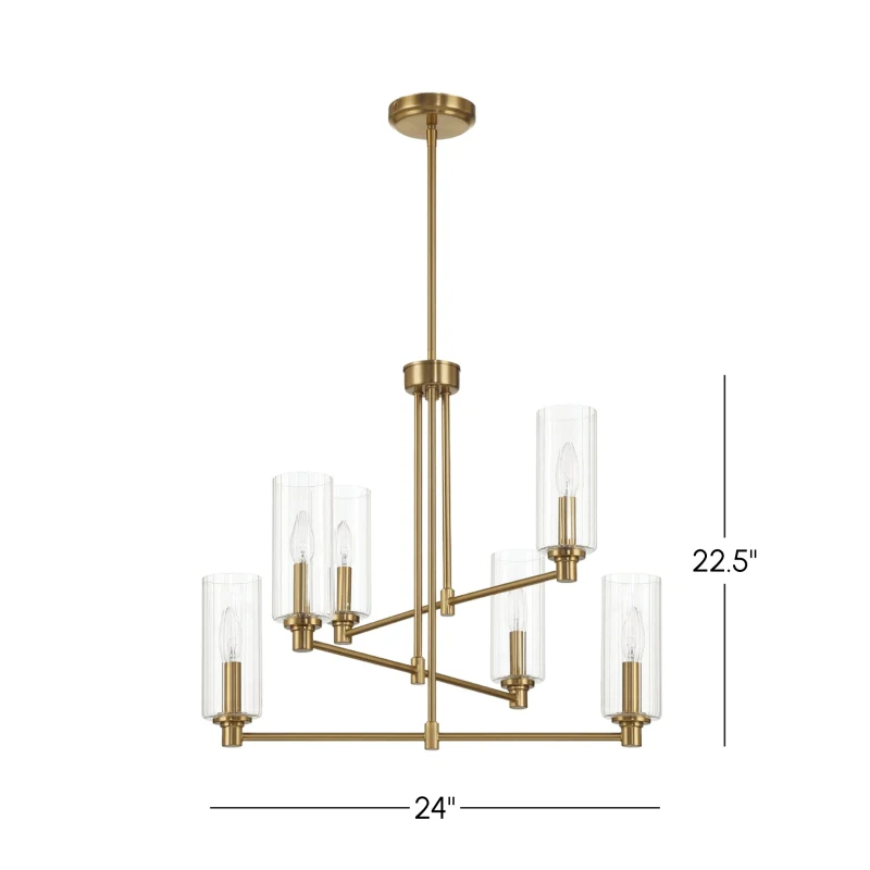 Timeless Six-Light Chandelier with Clear Ribbed Glass, Satin Brass Finish, 24" L x 24" W x 22.5" H, Antique Brass+Clear
