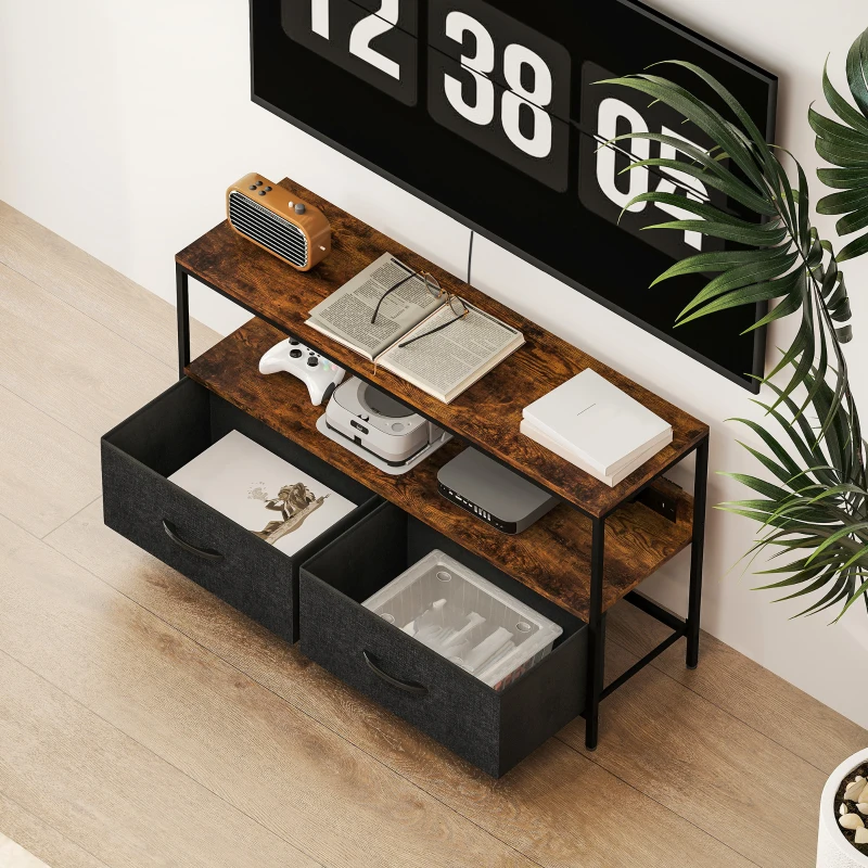 HOMCOM TV Stand with Charging Station, TV Table with 2 Foldable Linen Drawers and Open Shelf for 47 Inch TV, Rustic Brown