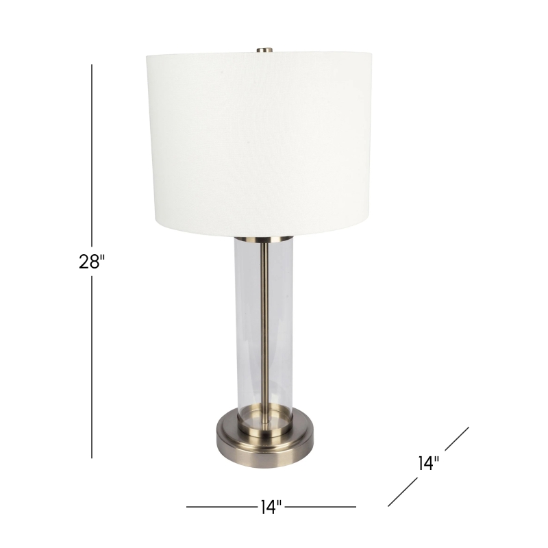Luna Brushed Nickel Table Lamp with Clear Glass Body, Metal Base, Modern Elegance, 14" L x 14" W x 28" H, Silver+White