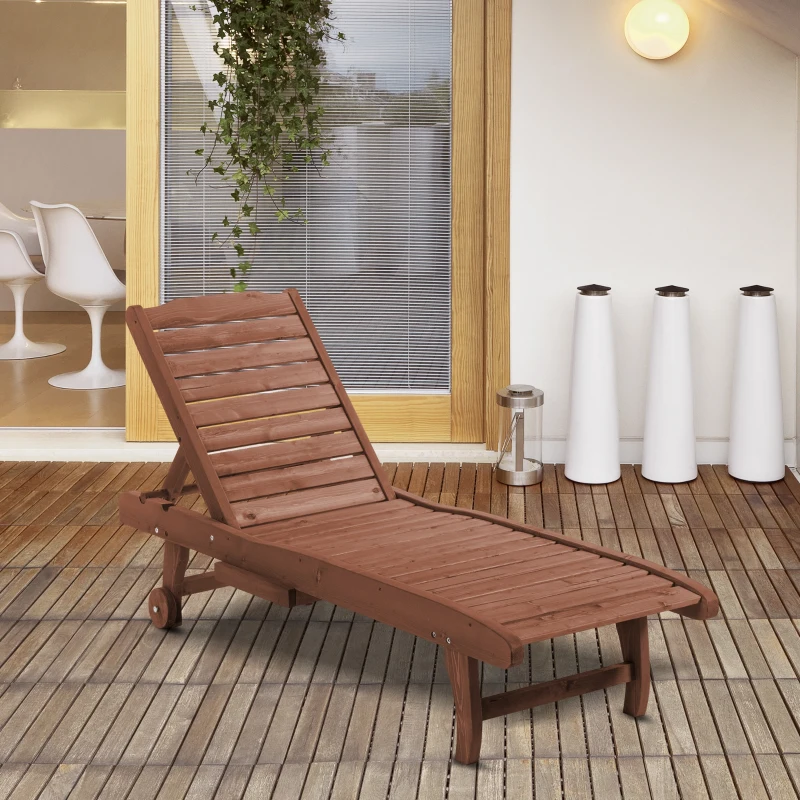 Outsunny Wooden Outdoor Lounge Chair, Adjustable Patio Outdoor Chaise Recliner Garden Furniture, Tanning Chair with Pull-out Tray and 2 Wheels, Brown