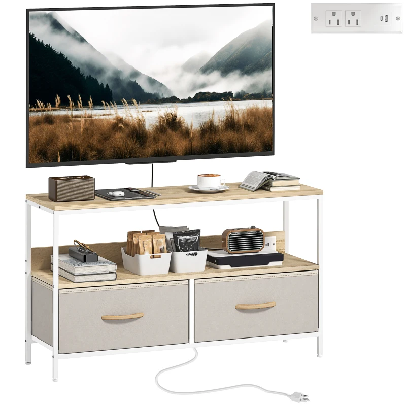 HOMCOM TV Stand with Charging Station, TV Table with 2 Foldable Linen Drawers and Open Shelf for 47 Inch TV, Oak