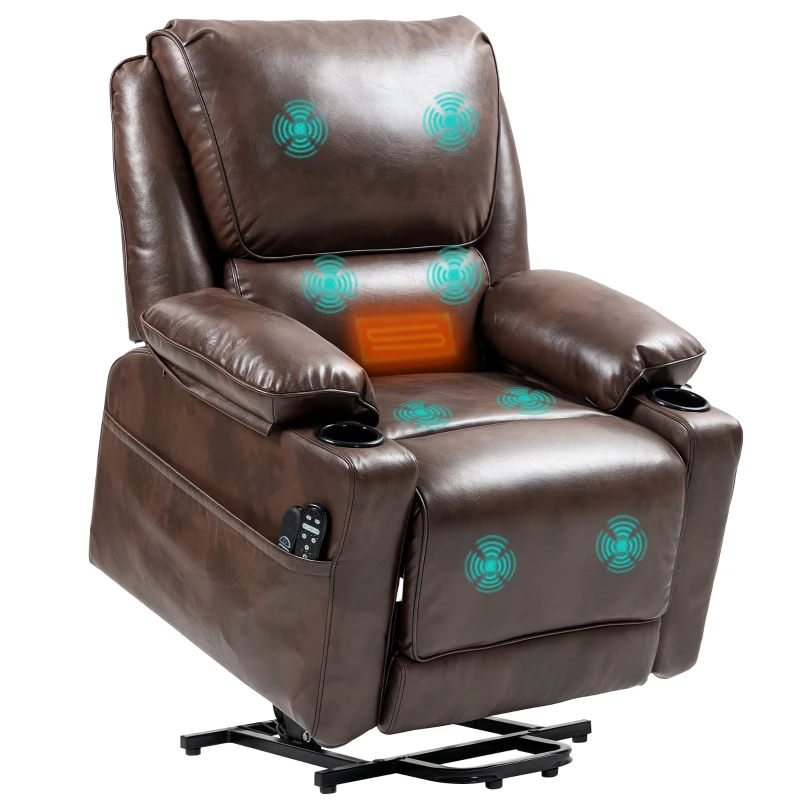 HOMCOM Power Lift Chair for Elderly, Faux Leather Recliner Sofa with Vibration Massage and Heat, Remote, Side Pockets, Brown(m-11)