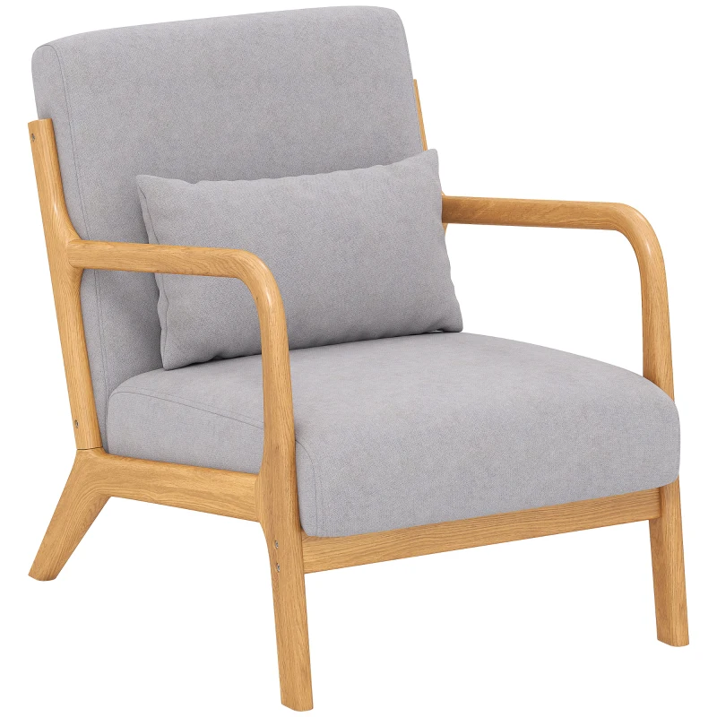 HOMCOM Fabric Lounge Chair, Velvet Armchair, Retro Accent Chair with Wood Legs and Thick Padding for Bedroom, Grey
