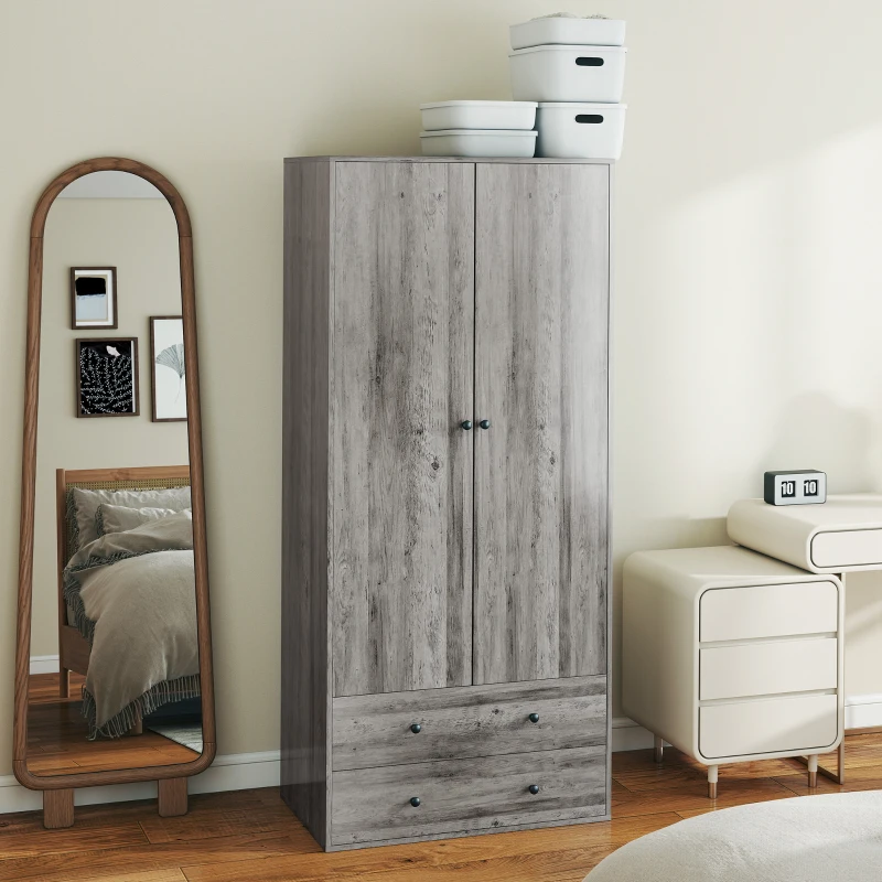 HOMCOM Modern Wardrobe Closet Armoire with 2 Drawers and Hanging Rod, Clothes Storage Organizer for Bedroom, Grey