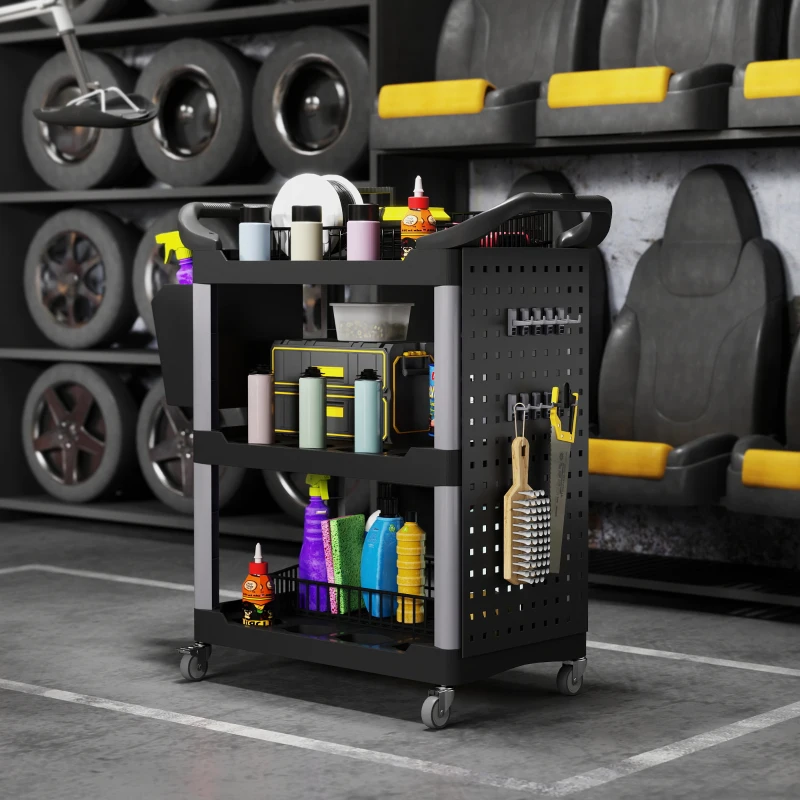 HOMCOM 3-Tier Rolling Tool Cart, 200 LBS Capacity Plastic Utility Cart with Side Shelf and Bucket, Black and Light Gray