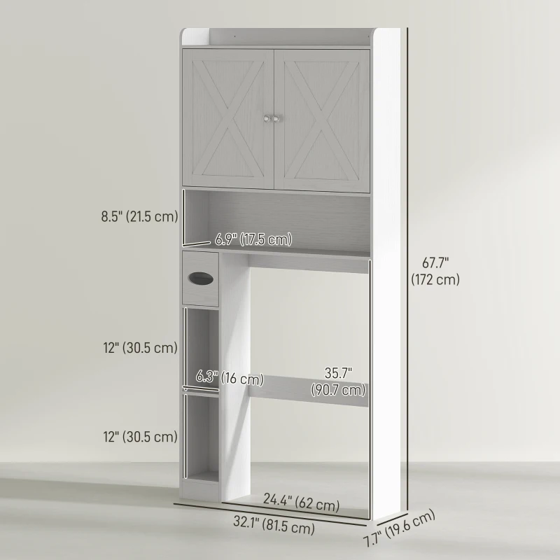 HOMCOM Farmhouse Over the Toilet Cabinet with Barn Doors, Over the Toilet Storage Cabinet with Adjustable Shelf, White