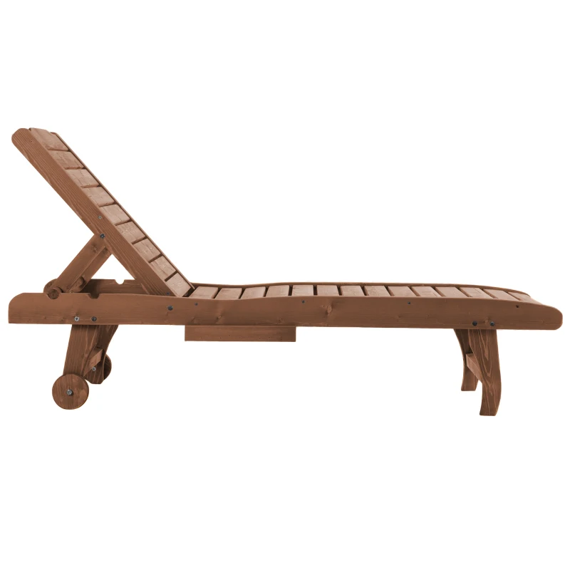 Outsunny Wooden Outdoor Lounge Chair, Adjustable Patio Outdoor Chaise Recliner Garden Furniture, Tanning Chair with Pull-out Tray and 2 Wheels, Brown