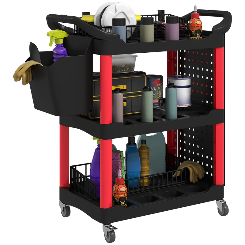 HOMCOM 3-Tier Rolling Tool Cart, 200 LBS Capacity Plastic Utility Cart with Side Shelf and Storage Bucket, Black & Red