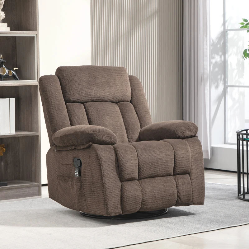 HOMCOM Recliner Massage Armchair with Heat, Oversized Swivel Rocker with Footrest, Remote and Side Pockets, Brown