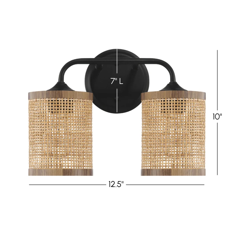 Double Light Vanity Wall Lamp with Natural Rattan Shade, Metal Construction, Ideal for Bathroom Decor, 7" L x 10" W x 12.5" H, Black