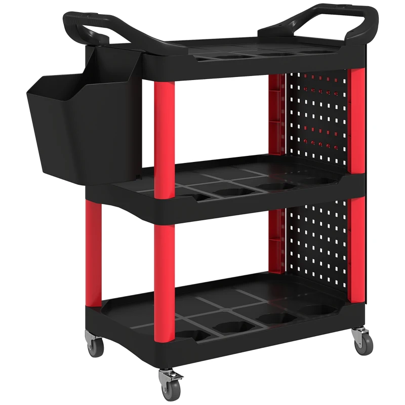 HOMCOM 3-Tier Rolling Tool Cart, 200 LBS Capacity Plastic Utility Cart with Side Shelf and Storage Bucket, Black & Red