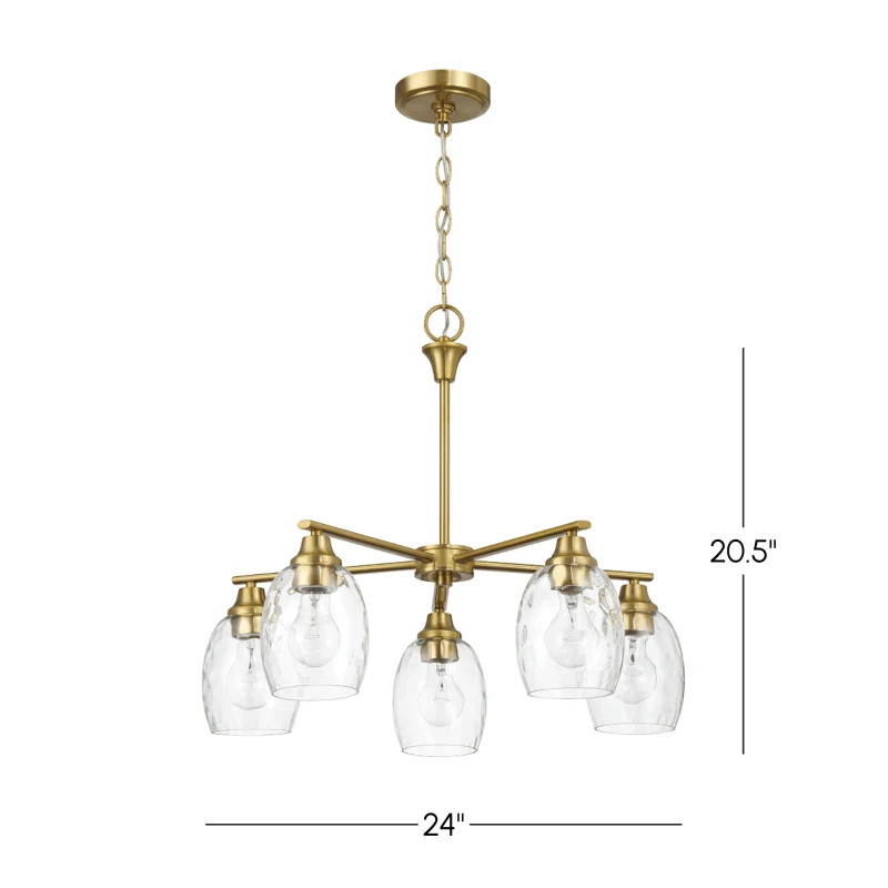 Elegance Five-Light Linear Arm Chandelier with Golden Brass Finish and Clear Water Glass, 24" L x 24" W x 20.5" H, Clear+Gold
