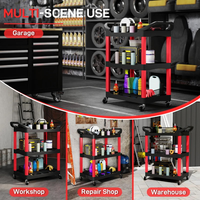 HOMCOM 3-Tier Rolling Tool Cart with Wheels, 200 LBS Capacity Plastic Utility Cart for Garage, Warehouse, Workshop, Black & Red