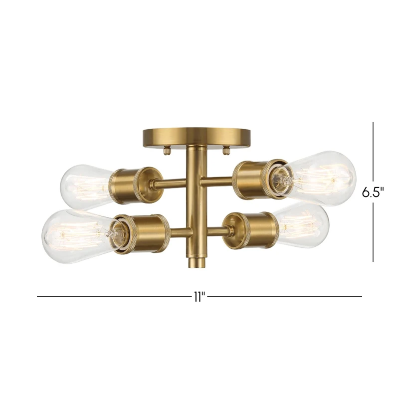 Ephemeral Four-Light Semi Flush Mount Ceiling Pendant for Hallway, Kitchen, Bedroom, Living Room, 11" L x 9" W x 6.5" H, Clear+Gold