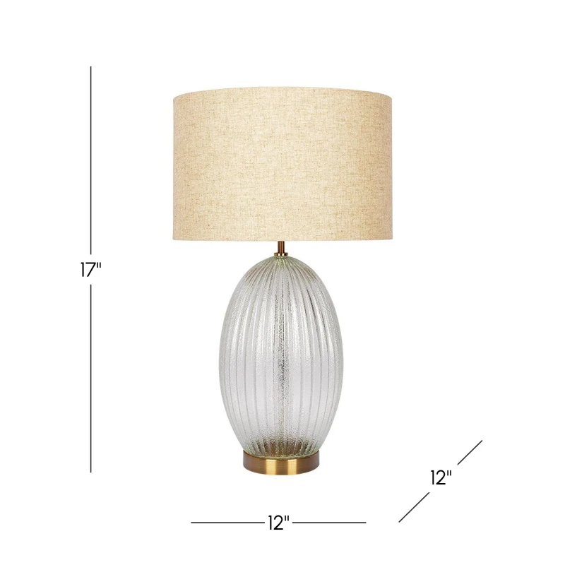 Aurora Ribbed Glass Table Lamp with Large Linen Shade, Elegant Design and Golden Base, 12" L x 12" W x 17" H, Beige+Clear