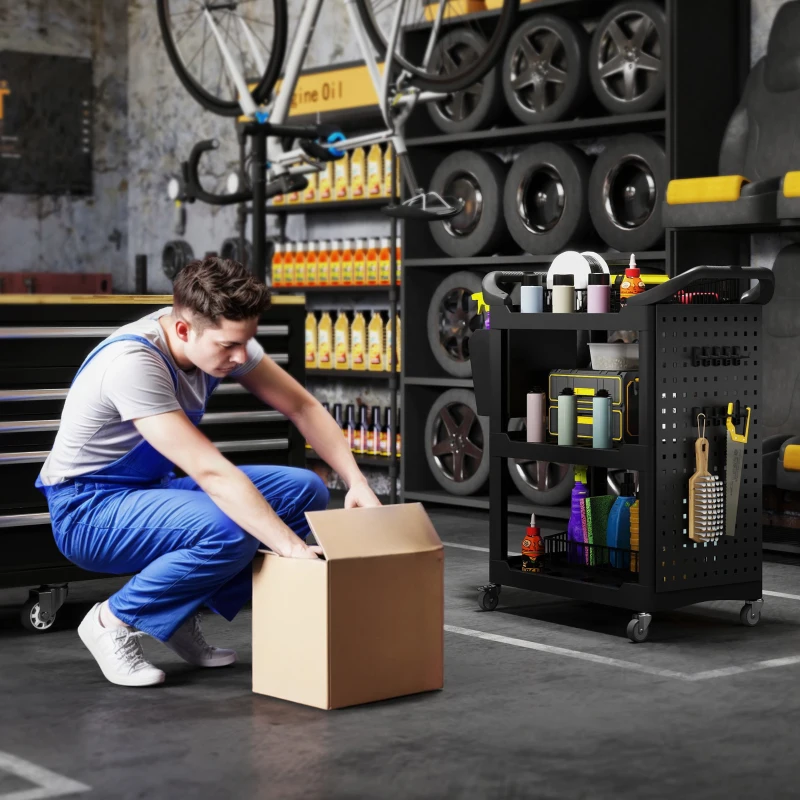 HOMCOM 3-Tier Rolling Tool Cart, 200 LBS Capacity Plastic Utility Cart with Side Shelf and Storage Bucket, Black