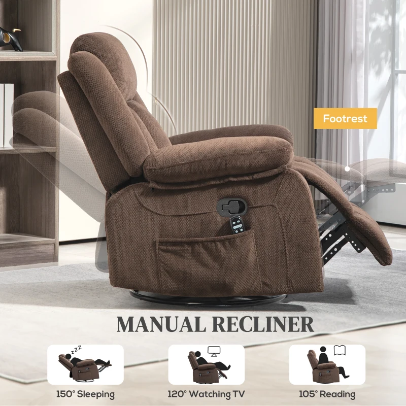 HOMCOM Recliner Massage Armchair with Heat, Oversized Swivel Rocker with Footrest, Remote and Side Pockets, Brown