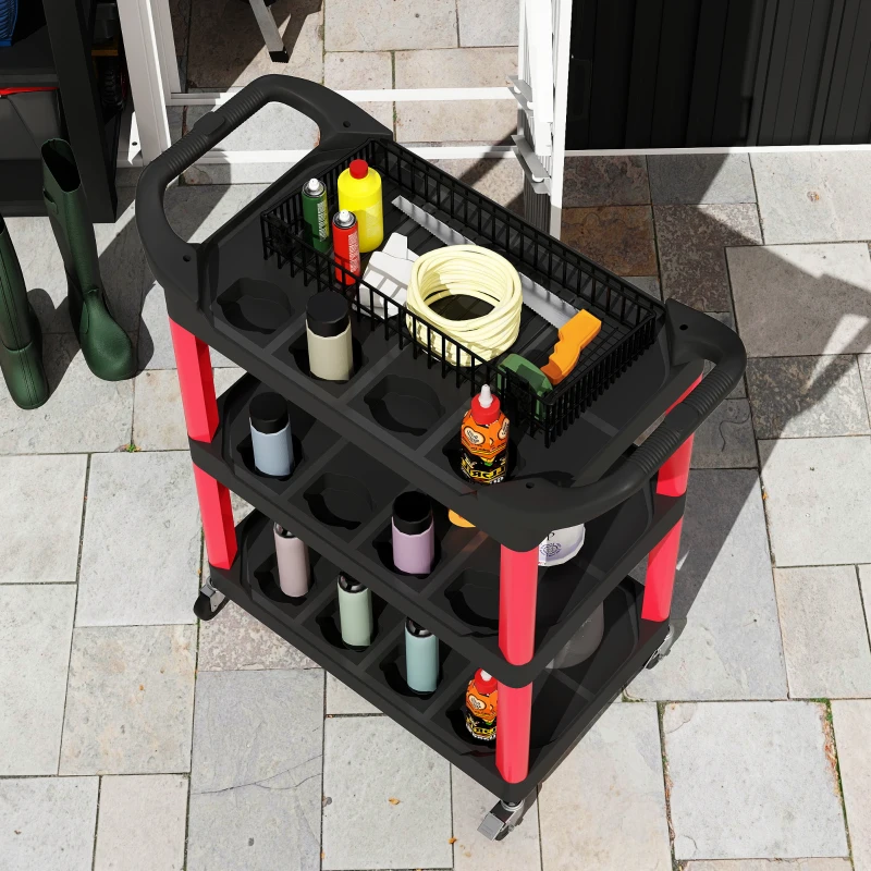 HOMCOM 3-Tier Rolling Tool Cart with Wheels, 200 LBS Capacity Plastic Utility Cart for Garage, Warehouse, Workshop, Black & Red