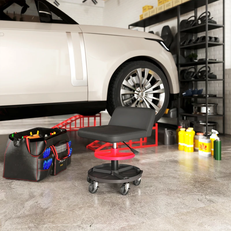 HOMCOM Rolling Creeper Garage Stool, 300 LBS Capacity Mechanic Stool with 360° Wheels, Tool Tray, Adjustable Height, Black