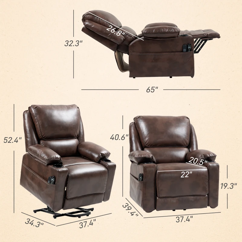 HOMCOM Power Lift Chair for Elderly, Faux Leather Recliner Sofa with Vibration Massage and Heat, Remote, Side Pockets, Brown(m-3)