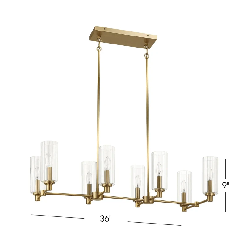 Willow 8-Light Island Pendant Lamp with Clear Ribbed Glass, Satin Brass Finish, 36" L x 15" W x 9" H, Antique Brass+Clear