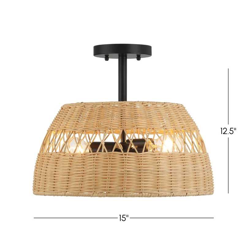 Twinkle Double Lights Semi Flush with Rattan Shade, Black Metal Finish, Farmhouse Style, 15" L x 15" W x 12.5" H, Black+Rattan
