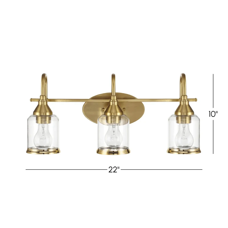 Twilight Three-Light Vanity Light with Contemporary Design, Brushed Gold Finish, Clear Glass, 7.5" L x 22" W x 10" H, Clear+Gold