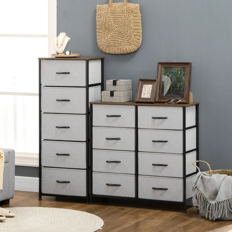 HOMCOM 5 Drawer Dresser for Bedroom, Tall Fabric Chest of Drawers with Steel Frame, Wood Grain Top and Handles, Grey