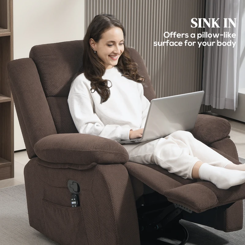 HOMCOM Recliner Massage Armchair with Heat, Oversized Swivel Rocker with Footrest, Remote and Side Pockets, Brown