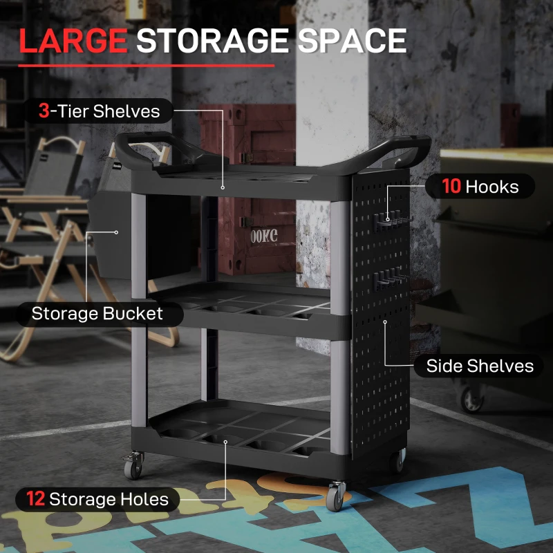 HOMCOM 3-Tier Rolling Tool Cart, 200 LBS Capacity Plastic Utility Cart with Side Shelf and Bucket, Black and Light Gray