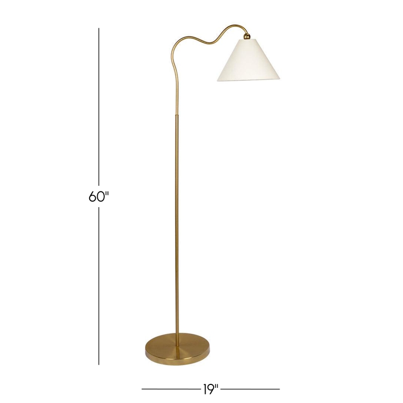 Majestic Brass Ring Base Curved Floor Lamp with Triangle Drum Shade, Elegant Design,19" L x 12" W x 60" H, Gold+White