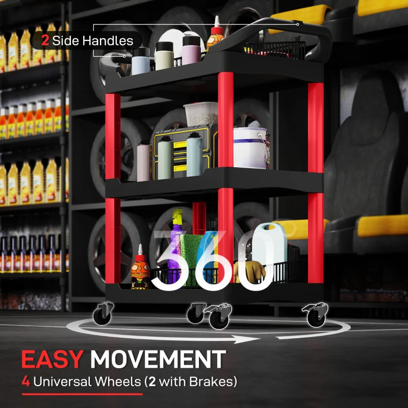 HOMCOM 3-Tier Rolling Tool Cart with Wheels, 200 LBS Capacity Plastic Utility Cart for Garage, Warehouse, Workshop, Black & Red