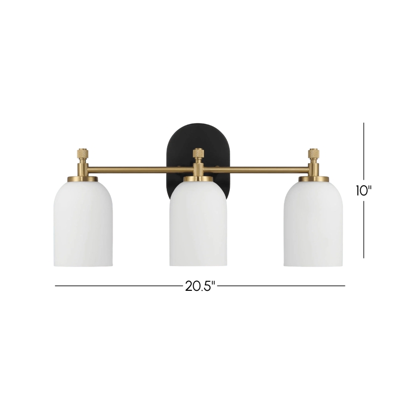 Meadows Three-Light Vanity Bathroom Wall Light with White Frosted Glass, Brushed Gold Finish, 20.5"W × 10.1"H × 5.5"E, Gold+White