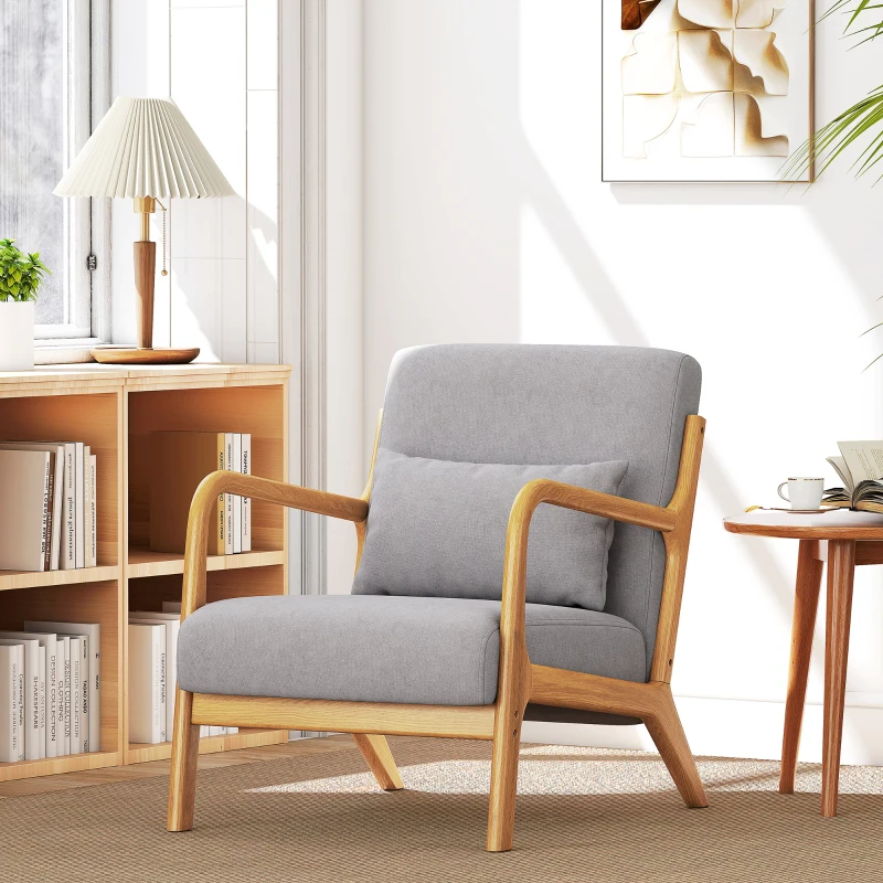HOMCOM Fabric Lounge Chair, Velvet Armchair, Retro Accent Chair with Wood Legs and Thick Padding for Bedroom, Grey