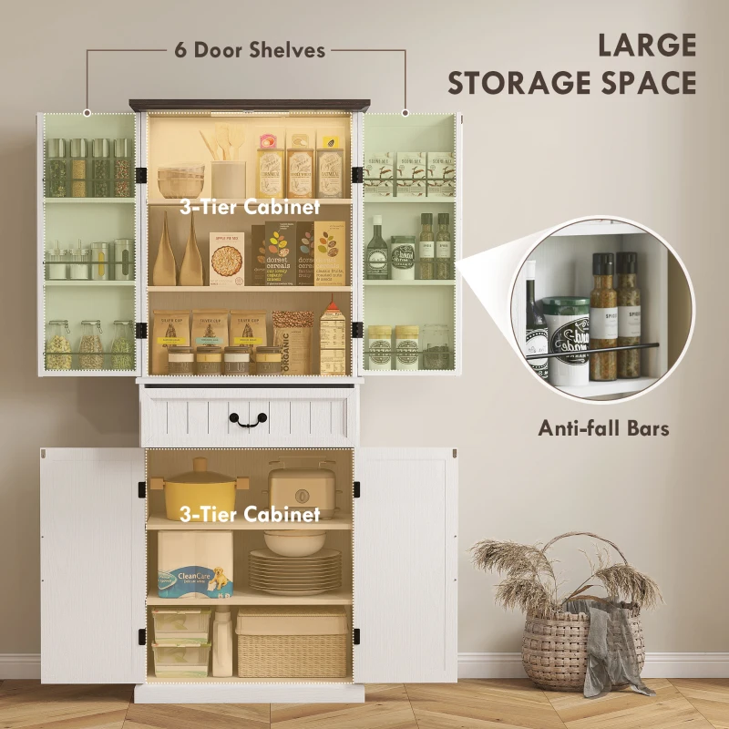 HOMCOM 71" LED Kitchen Pantry Cabinet, Farmhouse Storage Cabinet with Door Shelves, Distressed White