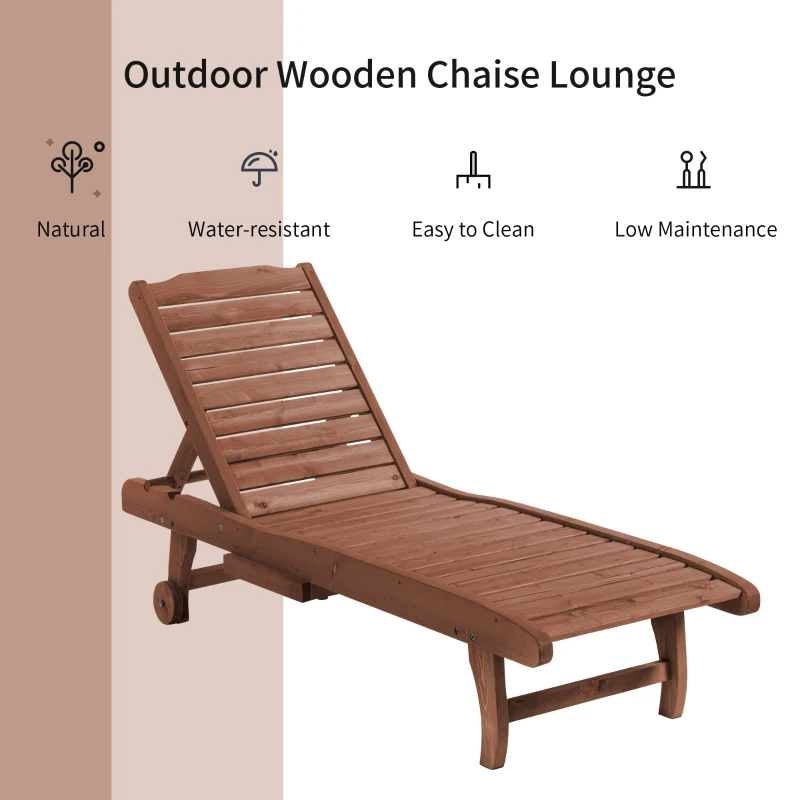 Outsunny Wooden Outdoor Lounge Chair, Adjustable Patio Outdoor Chaise Recliner Garden Furniture, Tanning Chair with Pull-out Tray and 2 Wheels, Brown
