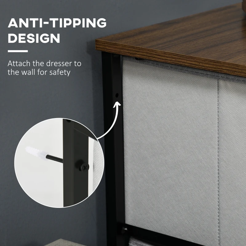 HOMCOM 5 Drawer Dresser for Bedroom, Tall Fabric Chest of Drawers with Steel Frame, Wood Grain Top and Handles, Grey