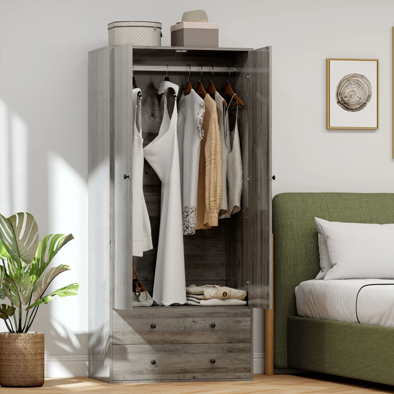 HOMCOM Modern Wardrobe Closet Armoire with 2 Drawers and Hanging Rod, Clothes Storage Organizer for Bedroom, Grey