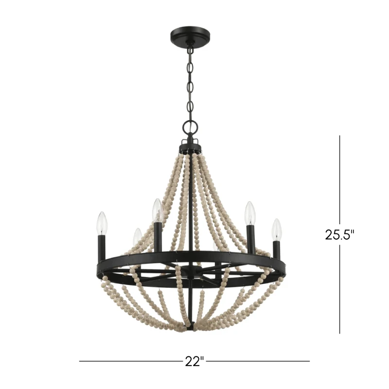 Starry Wood Chandelier with Farmhouse Six Candle Light Pendant, Wood Beads, Perfect for Dining Room, 22" L x 22" W x 25.5" H, Black+Clear