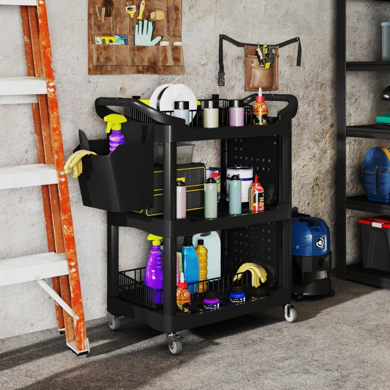 HOMCOM 3-Tier Rolling Tool Cart, 200 LBS Capacity Plastic Utility Cart with Side Shelf and Storage Bucket, Black