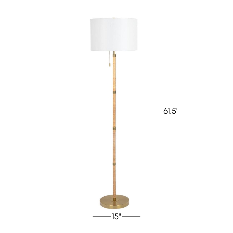 Stellar Floor Lamp with Wood Rattan Tube, White Linen Shade, Stylish Design, 15" L x 15" W x 61.5" H, Natural+White
