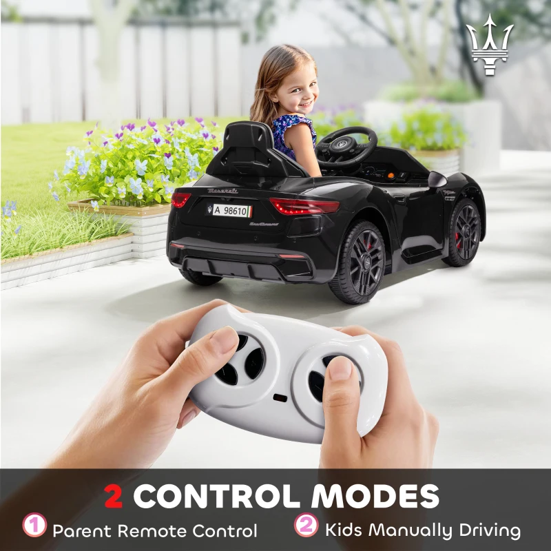 Qaba Maserati Gran Turismo Licensed 12V Kids Electric Car w/ Remote Control, Soft Start, LED Lights, Music, Horn, Black(m-5)