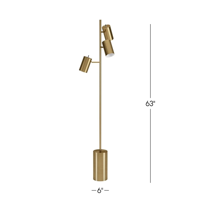 Elegant Brassed Floor Lamp with Triple Spot Design, Rotary Switch, Sleek Metal Block Base, Ideal for Home Decor, 6" L x 18" W x 63" H, Gold