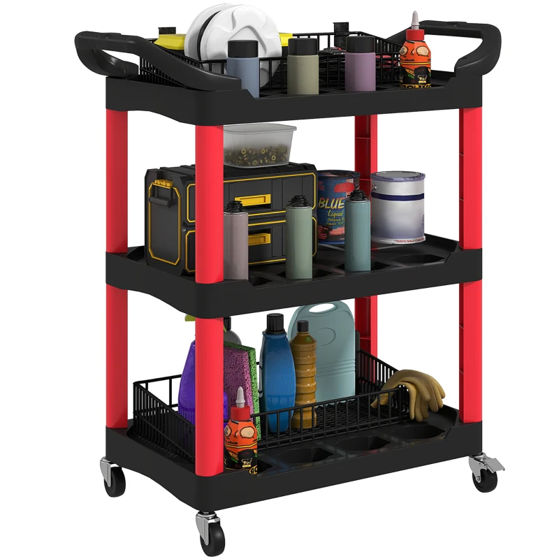 HOMCOM 3-Tier Rolling Tool Cart with Wheels, 200 LBS Capacity Plastic Utility Cart for Garage, Warehouse, Workshop, Black & Red
