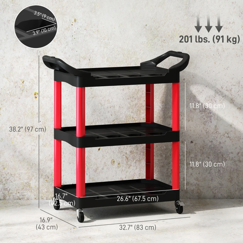 HOMCOM 3-Tier Rolling Tool Cart with Wheels, 200 LBS Capacity Plastic Utility Cart for Garage, Warehouse, Workshop, Black & Red