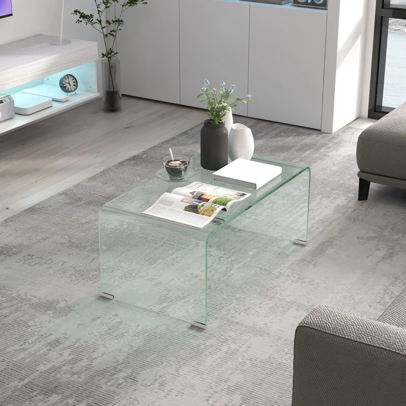 HOMCOM Glass Coffee Table, Clear Coffee Table for Living Room, Modern Rectangle Center Table with Safe Rounded Edges