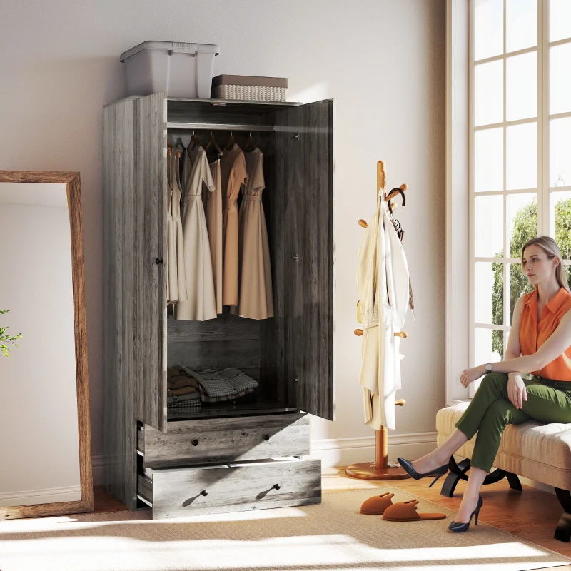 HOMCOM Modern Wardrobe Closet Armoire with 2 Drawers and Hanging Rod, Clothes Storage Organizer for Bedroom, Grey