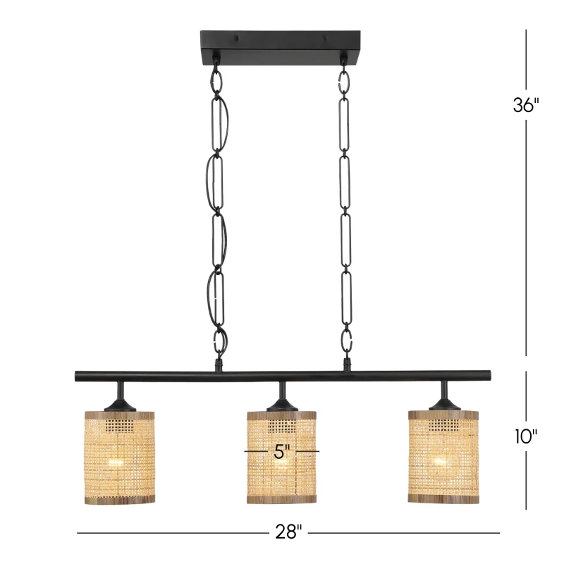 Three-Light Island Ceiling Lamp with Rattan Shade, Farmhouse Chain Design, Ideal for Dining Room, Kitchen, 28" L x 5" W x 10" H, Black